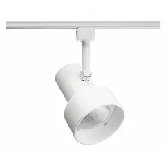 Incandescent step track head with a white housing and white baffle. Rated 75 W, 4 3/8 in diameter, 6 in length. Compatible with Track J systems. Used for accent or task lighting in commercial or residential settings.