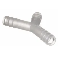 Barbed wye fitting made of polypropylene with three 1/4 in ID barbed connections. Used to split or combine fluid flow in low-pressure tubing systems. Suitable for laboratory, chemical, or industrial applications requiring corrosion-resistant plastic fittings. Pack of 12