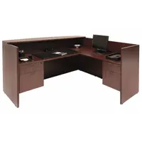 This L-shaped reception desk is constructed from mahogany melamine, offering a professional appearance for front-office and lobby areas. With an overall height of 42 inches and width of 71 inches, it provides a functional workstation for greeting visitors and managing administrative tasks