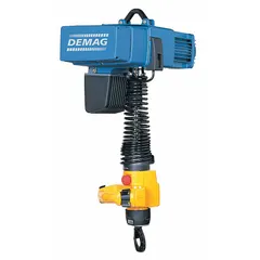 Heavy-duty, hook-mounted electric chain hoist without trolley. Operates on 480V AC with 9 ft maximum lifting length and 28-30 in headroom clearance. Includes chain container. Suitable for fixed-point lifting in industrial environments.