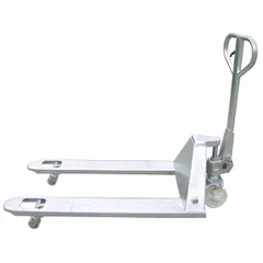 This Dayton pallet jack features a 48 in L x 27 in W fork dimension with standard forks made of galvanized steel for corrosion resistance. It is suited for moving palletized loads in wet, washdown, or corrosive environments such as food processing and chemical plants. The 15 in width between forks accommodates standard pallets.