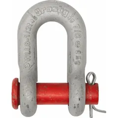 This CROSBY chain shackle is a D-shaped connector made of carbon steel with a silver finish. It has a 3/8 in body thickness and a working load limit of 2,000 lb. Used for connecting chains, slings, or cables in rigging and lifting applications.