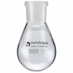 Colorless round glass boiling flask with a capacity of 50 mL. Features a 24/40 compatible stopper size for secure connection. Used in rotary evaporation for solvent removal and concentration in laboratory settings.