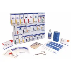 Bulk unitized first aid kit refill serving up to 50 people. Contains 273 components including 4 trauma pads, 20 fingertip metal detectable bandages, and 30 antibiotic ointment packets. Latex free, not water resistant, no oral or inhalant medication. Meets ANSI/ISEA Z308.1-2021 Type I/II standards for first response in industrial settings.