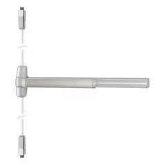 Surface vertical rod push bar for emergency egress on commercial doors. Features a touchbar and lever trim in a gray finish. Allows quick exit while securing the door from outside.