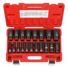 This 19-piece SAE impact socket set features a 1/2 in drive and socket sizes from 3/8 in to 1-1/2 in. The friction ring retention system secures sockets on the anvil during high-torque applications. Suitable for heavy-duty fastening and loosening tasks in automotive, construction, and industrial maintenance.