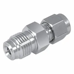 Stainless steel compression fitting for connecting 1/4 in OD tubing to 1/4 in OD tubing. Suitable for high-purity gas and liquid systems requiring leak-tight, contamination-free connections in semiconductor, pharmaceutical, and analytical instrumentation applications.