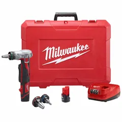This cordless expansion tool kit is designed for expanding PEX tubing up to 1 in. maximum size. It operates on the M12 platform with a 1.5 Ah battery capacity and is supplied as a bare tool, requiring a separate battery and charger. Suitable for use in plumbing and hydronic heating systems for on-site pipe installation.