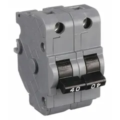 2-pole miniature circuit breaker rated 40 A at 120/240V AC with a 10kA interrupting capacity. Measures 2 inches wide. Provides overcurrent protection in electrical distribution systems for branch circuits and feeder applications.