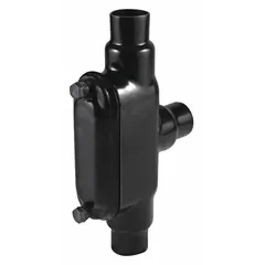 TB-style conduit outlet body with 3/4 in trade size, three hubs, and 9.5 cu in body capacity. Constructed of aluminum with a black PVC-coated finish. Used as a junction point in electrical conduit systems for wire pulling and splicing in industrial wiring applications.
