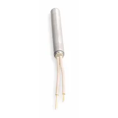 Swaged cartridge heater with 240V rating and 71 W/sq in watt density. 1/2 in diameter, 5 in length, 10 in lead length. Used for direct immersion heating in molds, platens, dies, and packaging machinery.