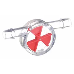 This flow sight with indicator provides visual confirmation of gas flow in horizontal pipelines. It features a polystyrene body with 1/4-inch barbed connections and a rotor for flow indication. Suitable for gas media only.