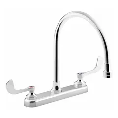 Brass centerset kitchen faucet with chrome finish. Widespread deck mount design requires three mounting holes. Suitable for residential and light commercial kitchen installations.