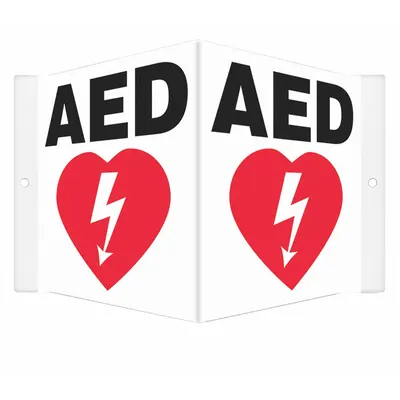 CONDOR Safety Sign: PETG, Mounting Holes Sign Mounting, 6 in x 8 1/2 in Nominal Sign Size - V-Shape Projection AED Signs
