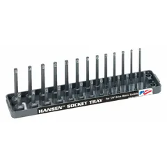 This gray plastic socket tray features 28 posts/slots for organizing sockets by size. With an overall width of 2 3/16 inches, it is suited for use in workshops, garages, and industrial maintenance areas to keep sockets sorted and accessible.
