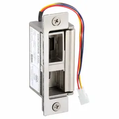 This electric strike combines cylindrical and mortise functionality in a stainless steel housing. It operates on 12/24V DC and is rated for heavy-duty use, suitable for access control on high-traffic doors requiring secure remote locking and release.
