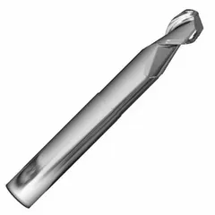 This carbide ball end mill features a reduced-neck design for deep cavity work and high-speed contouring in aluminum and non-ferrous materials. With two flutes and a 1" diameter, it provides efficient chip evacuation and reduced cutting forces for 3D profiling and finishing complex shapes.