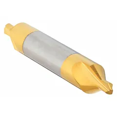 This #5 plain-tip center drill features a 60° point angle and is made of TiN coated carbide for wear resistance. The double-end design provides two working ends. It is used to create conical starting holes for lathe operations in machining applications.