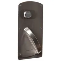 This SCHLAGE privacy lever lockset features a satin stainless steel forged brass finish. It is ADA compliant and ligature-resistant, suitable for institutional settings requiring enhanced safety. The lockset includes a locked/unlocked visual indicator for clear status at a glance
