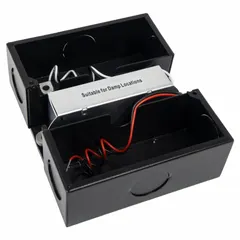 This integrated power supply combines a junction box and driver for simplified installation of tape and linear lighting. It accepts 120V AC input and delivers 24V DC output at 60W. Rated for dry locations, the unit measures 5 1/2 inches in length.