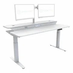 Electric adjustable-height desk with a white laminate top and steel frame. Overall width 72 inches, depth 30 inches. Enables users to alternate between sitting and standing positions for ergonomic comfort.