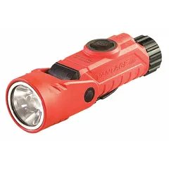 Helmet-mounted light with orange housing for high visibility. Delivers 250 lumens, 170 m beam distance, and 12-hour runtime. Powered by 2 CR123 batteries; includes USB cord. Suitable for hands-free illumination in industrial and rescue settings.