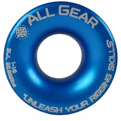 Low friction rigging ring made from premium aircraft aluminum. Blue/Red color. 4 in overall length. Used in industrial rigging and lifting applications for material handling and load control.