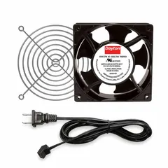 Standard square axial fan kit with polycarbonate blade, 85 to 95 cfm airflow at 0.000 in static pressure. Measures 4-3/4 in height by 1-1/2 in depth. Includes cord set with NEMA 1-15 plug. IP20 rated with terminal connections. Typically used for cooling and ventilating electronic enclosures, control panels, and small equipment requiring low-profile mounting.