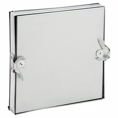 Steel flat access door for rectangular ducts, 10 in x 10 in, 24 ga thickness. Features a double cam latch, tab-in hinge, and a 10 in observation port height. Includes fiberglass insulation. Used for inspection and maintenance access in duct systems.