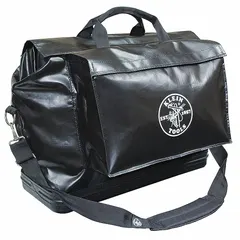 This polyester wide-mouth tool bag in black provides organized storage for hand tools, test instruments, and supplies. It features two exterior pockets and two inside pockets for separating and securing items. The wide-mouth design allows easy access to contents, making it suitable for job site use by electricians, technicians, and maintenance professionals.