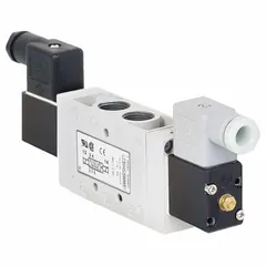 This AVENTICS Series L1 directional control valve is a four-way, two-position solenoid valve with double solenoid and solenoid return. The locking mechanism holds the valve position during power loss. It operates on 24V DC and is used to direct compressed air in industrial automation, packaging, and material handling systems.