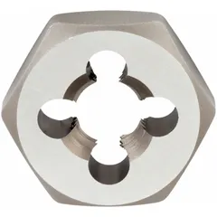 This self-aligning hex rethreading die is designed for cleaning or restoring damaged external threads on bolts, studs, or pipes. It features a 1/2"-20 UNF thread size and a 1-inch hex width, constructed from carbon steel. Suitable for automotive, plumbing, and general maintenance applications.