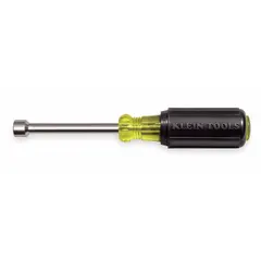 Straight SAE nut driver with magnetized tip for holding fasteners securely. Round hollow shank accommodates long bolts. 3-inch shank length. Suitable for driving hex nuts in electrical, mechanical, and industrial assembly.
