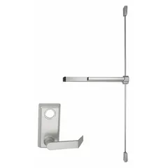 This VON DUPRIN rim-type exit device features a touchbar style and lever outside trim, constructed from aluminum. It is ADA compliant and suitable for commercial doors up to 4 ft wide, providing reliable egress operation in facilities such as offices, schools, and hospitals.