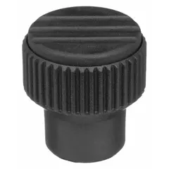 Knurled knob with threaded hole for manual adjustment and clamping on machinery, jigs, and fixtures. Features a gray plastic body with a stainless steel M10 thread insert. Thread length 14 mm, diameter 34 mm.