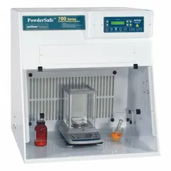 Fully assembled balance enclosure for safe handling of bulk powders and sensitive weighing operations. Includes blower, base/stand, and work surface. Contains airborne particulates and provides a controlled environment for precision balance work.