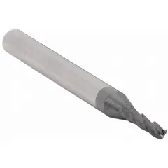 General purpose carbide ball end mill with AlTiN coating for heat and wear resistance. Features 3 flutes, 3/64" mill diameter, 1/8" length of cut, and 1-1/2" overall length. Used for contouring, slotting, and profiling in hard materials, producing smooth curved surfaces in 3D machining.