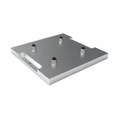 Rectangular aluminum fixture plate for zero point workholding systems. Dimensions: 366 mm width, 366 mm length, 52 mm height. Weight: 38.8 lb. Equipped with 4 studs for integration into zero point clamping setups. Used to provide a repeatable, rigid mounting surface for workpieces or pallets on CNC machining centers, reducing setup time.