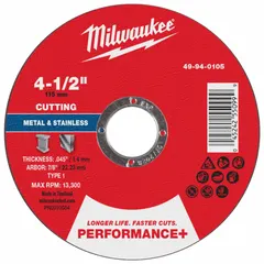 General purpose cut-off wheel for carbon and stainless steel. Type 1 design, 4 1/2" diameter, 0.045" thickness, 7/8" arbor. Aluminum oxide abrasive, 46 grit. Suitable for metal fabrication, construction, and maintenance cutting applications.