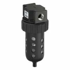 Particulate filter for compressed air systems with 1/2 in NPT connection. Removes solid contaminants such as dirt and pipe scale at 40 micron filtration. Rated for 130 cfm flow and 150 psi maximum operating pressure. Suitable for general-purpose filtration in pneumatic lines to protect downstream components.