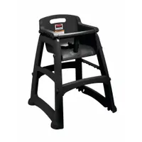 This black high chair with casters is suited for commercial foodservice environments such as cafeterias and kitchens. It measures 99 cm overall height, 33 cm overall width, and 23 3/8 in depth. The casters provide mobility for flexible seating arrangements