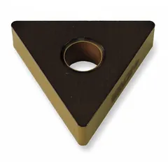 Triangle (T) indexable turning insert with three cutting edges for general turning, facing, and profiling operations on metal workpieces. Available in TNMA432 and TNMA220408 sizes. Suitable for use with appropriate tool holders.