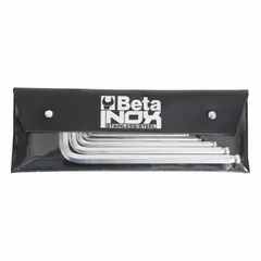 This set includes 8 stainless steel hex keys with a satin finish. Each key features a single ball end for angled access and a long length for reach. The fractional sizes are stored in a pouch. Suitable for tightening or loosening hex socket screws in maintenance and assembly tasks, particularly in environments where corrosion resistance is required.