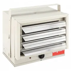This Dayton unit heater is designed for wall or ceiling mounting in commercial and industrial spaces. It operates on 208/240V AC, 1-phase power and measures 12-1/2 in high by 14 in wide by 11-1/4 in deep. Suitable for supplemental or primary heating in areas such as warehouses and workshops.