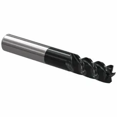 This carbide end mill features a TiAlN coating and 5-flute design for fast cutting in steel and cast iron. With a 10 mm mill diameter, 22 mm length of cut, and 0.5 mm chamfer, it is used for chamfering edges and deburring in industrial machining applications.