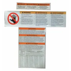 Replacement label kit for fork truck booms. Contains labels for safety and identification. Compatible with Dayton boom models 4WYR7, 4WYR8, 4WYR9, 4WYT1, 4WYT2, and 4WYT3. Used in material handling operations to maintain compliance and clear marking on lifting attachments.