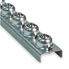 Light-duty ball transfer flow rail with steel balls in inline alignment, 2 wheels per foot, and flange mount. Rated 120 lb/ft with 5 ft supports, overall length 5 ft. Used in low-friction material handling and conveyor systems for multi-directional movement of items.