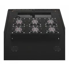 Roof-mounted air distribution fan for equipment racks. Operates on 120V AC power. Used to improve airflow and cooling within enclosed racks in data centers or industrial settings.