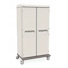 This METRO cabinet features antimicrobial properties for healthcare storage. It has 4 adjustable shelves, 2 locking doors, and a taupe finish. Dimensions: 42 1/2 in x 27 7/8 in x 78 1/4 in. Suitable for organizing supplies in medical environments.