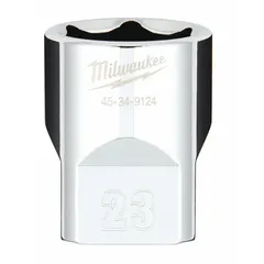 This MILWAUKEE hand socket features a 1/2 in drive, 23 mm socket size, and 6-point configuration. The chrome finish resists corrosion. It is designed for tightening or loosening metric hex fasteners in industrial maintenance, assembly, and repair applications.